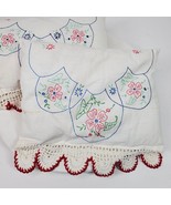 Vintage Hand Crafted SET OF 2 Embroidery &amp; Crochet Throw Pillows 11x9 Inch - £20.73 GBP