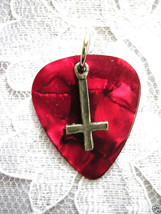 Inverted Satanic Cross on Blood Red Guitar Pick Pendant Adjustable Necklace - $4.99