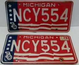 1976 MICHIGAN LICENSE PAIR PLATES MATCHED SET NCY554 FLAG BICENTENNIAL R... - £22.23 GBP