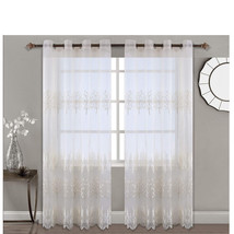 Sheer Curtains 96&quot;L x 52&quot;W (102&quot;W Total) Leaf Embroidered Beige Grommet Top 2pc - £27.91 GBP
