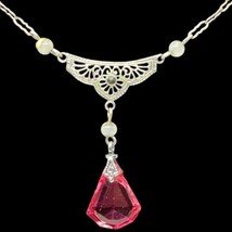 Deco Pink Glass Drop Lavalier Crinkle Chain Filigree Paper Clip Necklace 13.5” - £71.32 GBP