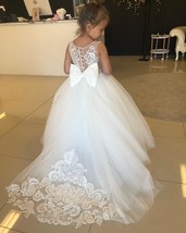 Ite flower girl dress vintage buttons bow tulle lace wedding party girl dress with long thumb200