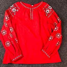 Ukrainian Embroidered Red Linen Blouse Size XL Bohemian Ethnic Vyshyvanka Boho - £79.53 GBP