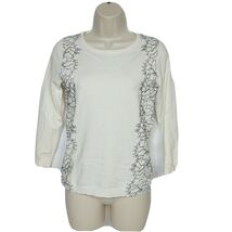 Ann Taylor Heavyweight Sweater Small Cream Geometric Lace Fringe Long Sl... - $15.25