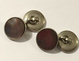 Pair vintage mens button style cufflinks cuff links silver abalone circle - £13.64 GBP