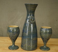 Hawaii Studio Art Pottery Blue Green Marbled Porcelain Wine Carafe &amp; Gla... - £42.24 GBP