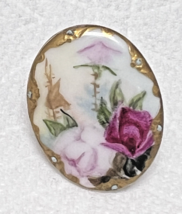 Antique Porcelain Button Stud Hand Painted Pink Roses About 1  x 7/8 inches - $29.21