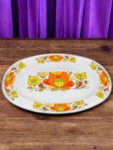 Vintage MCM Enamel Oval Floral Platter Sanko Ware Country Flowers 17 3/4&quot; - $39.57