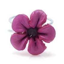 Gorgeous Bright Purple Flower Blossom Genuine Leather &amp; Crystal Adjustable Ring - £6.25 GBP