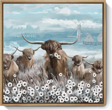 Farmhouse Highland Cow Flower Picture Country Rustic Coastal Landscape Floral Ar - £30.40 GBP