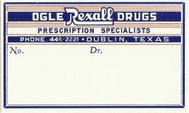 1 Vintage Pharmacy blank Label Ogle Rexall Drugs Dublin Texas red white ... - $22.76