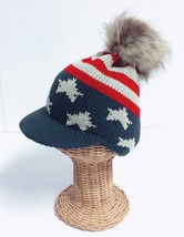 Kids Ages 3-7 Winter CAP USA AMERICAN FLAG PRINT Faux Fur POM BEANIE HAT... - £4.61 GBP