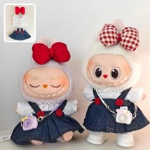 Trendy Denim Skirt &amp; Red Bow Set for Labubu, Denim Outfit for Labubu, He... - $16.72
