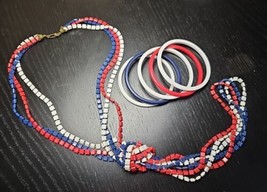Vintage 50-60s Triple Strand Red White Blue Plastic Necklace Bracelets Patriotic - £23.72 GBP