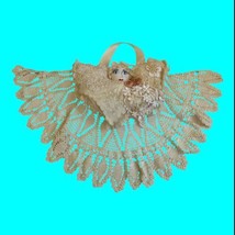 Vintage Handmade Hanging Doll Pin Cushion Crocheted Doily Skirt Appliqués Ribbon - £18.84 GBP