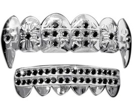 Silver Plated Mouth Teeth Grillz Top Bottom Set Cross Iced Cz Black Onyx Fangs - £8.68 GBP
