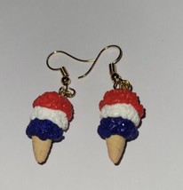Patriotic Ice Cream Cone Earrings Gold Tone Wire Red White Blue Frozen Treat - £6.71 GBP