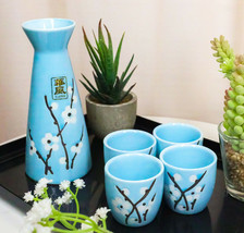 White Sakura Cherry Blossom Sky Blue Ceramic Sake Set Carafe Flask With 4 Cups - £20.77 GBP