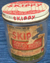 1944 Skippy Chunk Peanut Butter 1lb Vintage Glass Jar with Paper Label O... - $28.98