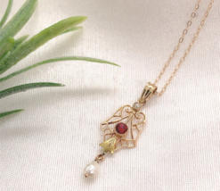 10k Yellow Gold Lavaliere with Pearl Drop and Red Glass Accent w/Chain (#J7193) - $400.95