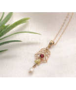 10k Yellow Gold Lavaliere with Pearl Drop and Red Glass Accent w/Chain (... - €345,82 EUR