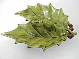 Atlantic Mold Ceramic Holly Leaf Berry Christmas Divided Candy Nut Dish Vtg 1983 - £22.41 GBP