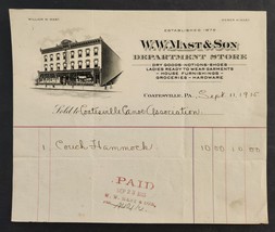1915 antique BILLHEAD coatsville pa W W MAST &amp; SON DEPARTMENT STORE w vi... - £54.09 GBP