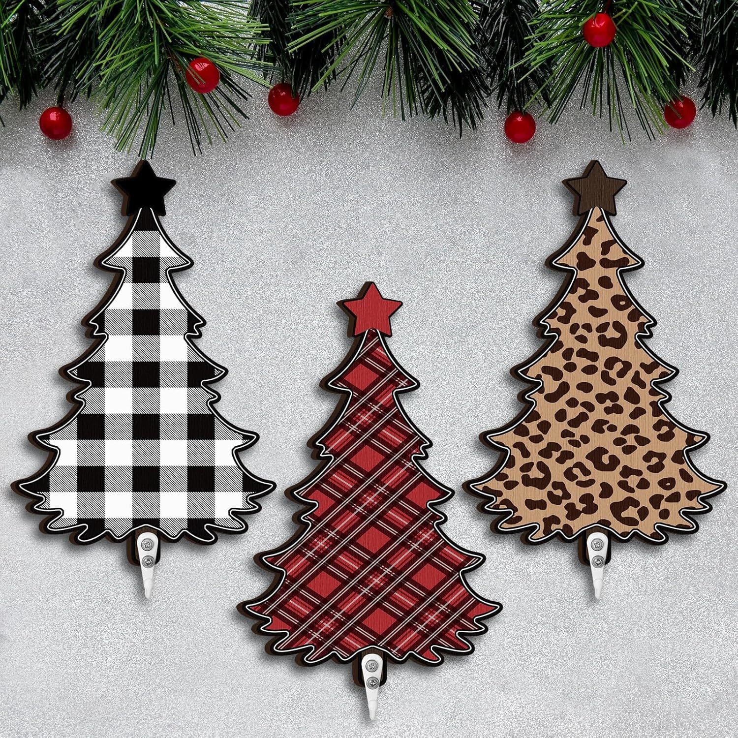 3 Pcs Christmas Stocking Holder Set 8.7 Inches Wooden Christmas Tree Hangers Dec
