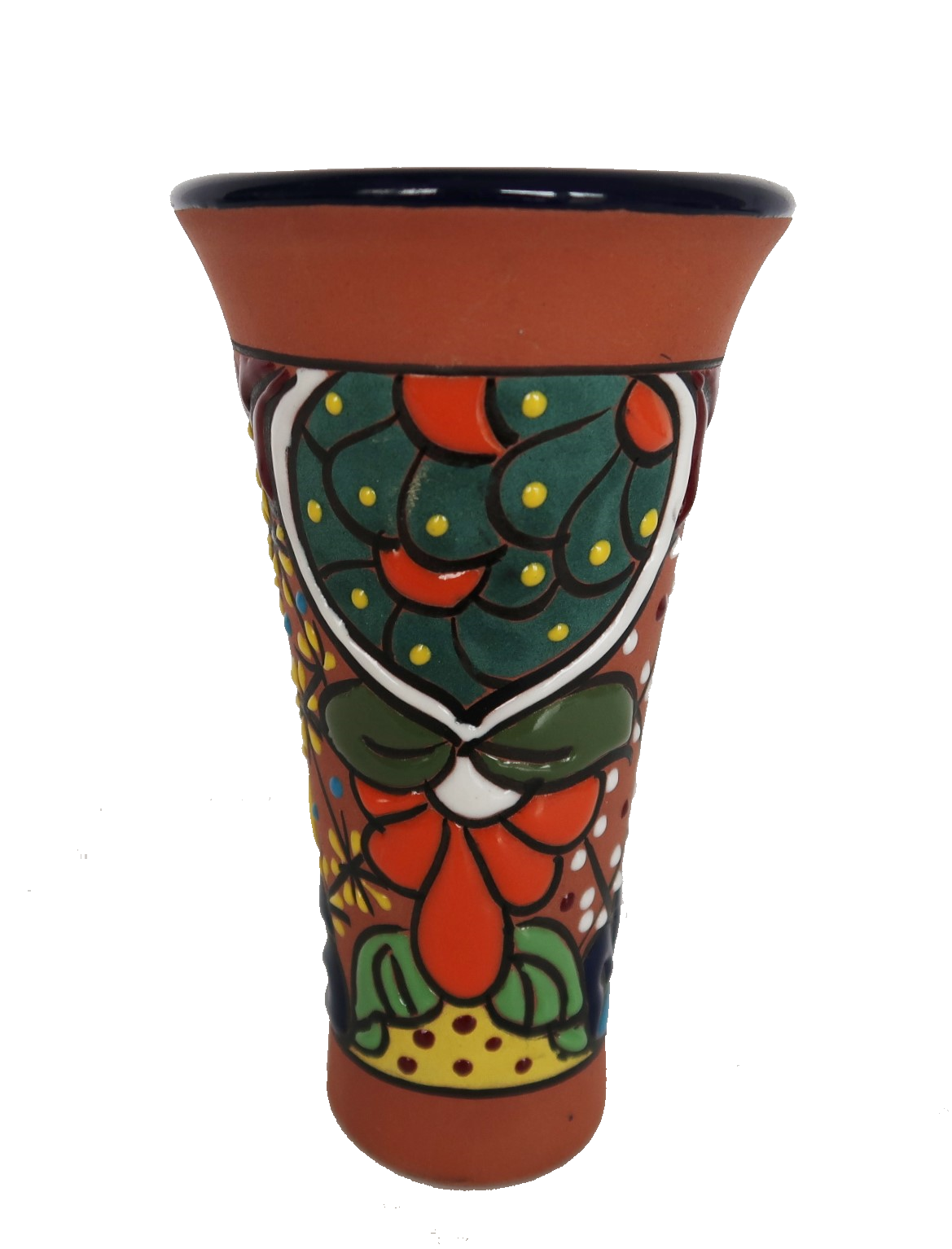 Primary image for Vintage red clay Talavera style Mexican pottery vase green orange flower pattern