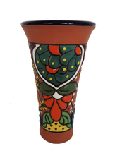 Vintage red clay Talavera style Mexican pottery vase green orange flower... - $39.99