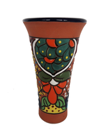 Vintage red clay Talavera style Mexican pottery vase green orange flower... - $39.99