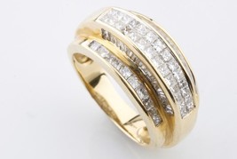 14K Oro Amarillo Princesa Forma Invisible Juego Retro Diamond Banda Con Barritas - £1,957.33 GBP
