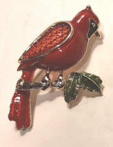 Napier Cardinal Bird Brooch Pin Molded Glass Red Green Enamel Gold Tone Setting  - £22.41 GBP