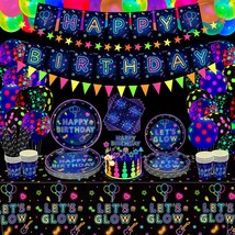 238 Pcs LetS Glow Neon Party Supplies Glow Tableware Set Neon Balloon Glow In Th - £31.16 GBP