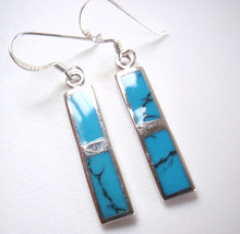Simulated Blue Turquoise 925 Sterling Silver Earrings Elongated Bar Rectangle - £11.40 GBP