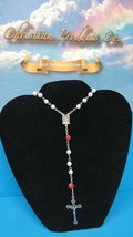 Jesus Christ Cross Rosary Religious Red Rose White Bead Necklaces - £8.52 GBP
