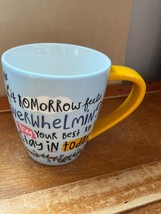 Large Lang PEACE OF WERK Light Blue &amp; Yellow Inspirational Ceramic Coffe... - £11.87 GBP