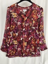 Denim &amp; Company Size S Women&#39;s Floral Sheer Ruffle V Neck Long Sleeve To... - £8.34 GBP