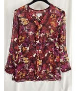 Denim &amp; Company Size S Women&#39;s Floral Sheer Ruffle V Neck Long Sleeve To... - $14.27 CAD