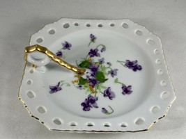 Vintage Reticulated Norcrest Fine China Candy Dish with Purple Violet Flowers - £11.18 GBP