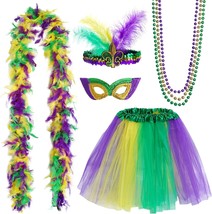 Mardi Gras Costume Accessory Set Tutu Skirt Faux Feather Headband Mask M... - $37.67