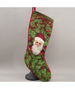Vintage Santa Needlepoint Christmas Stocking Wool Velvet Cotton Lining R... - $875.92 MXN