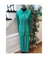 Women&#39;s Green Pleated Lounge Set XL Collared Button Top Wide Leg Pants 2... - $88.01 CAD