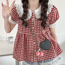 KOSAHIKI Red Plaid Blouse Women Kawaii Peter Pan Collar  Ruffle Shirt Japanese G - £45.81 GBP