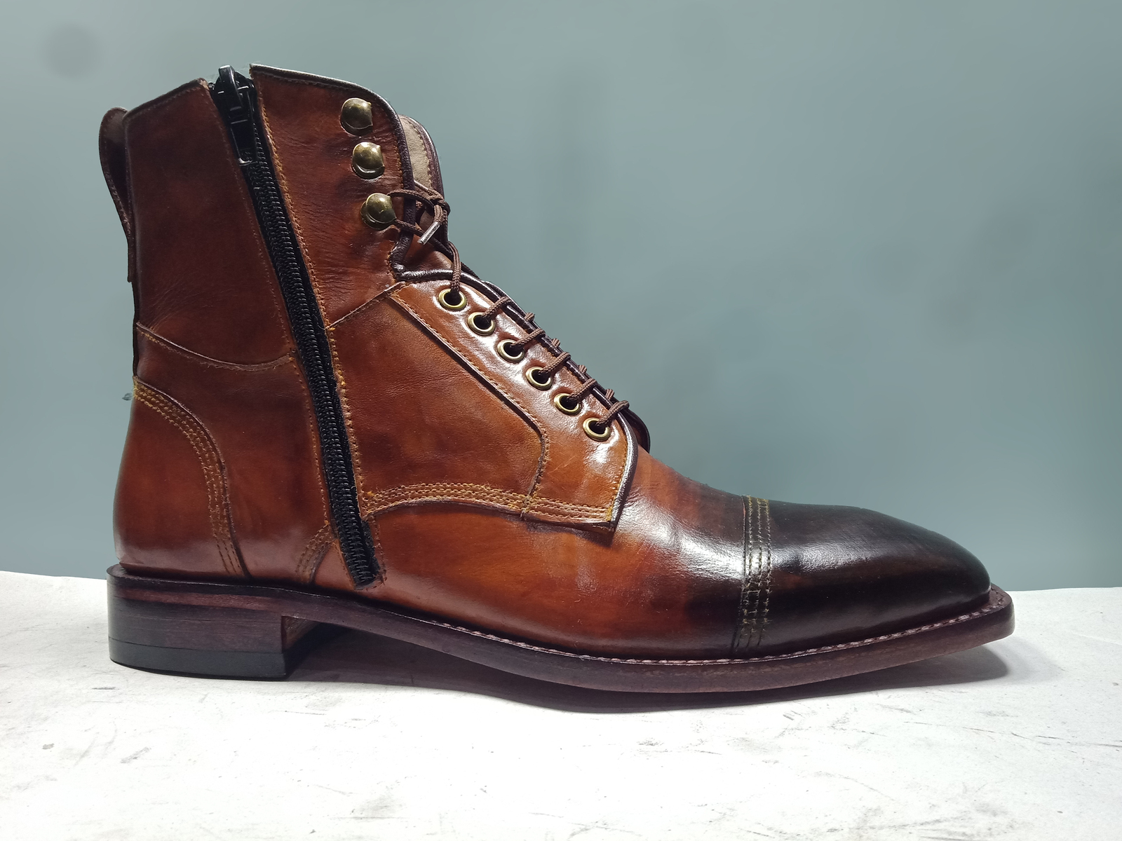 Two Tone Ankle Leather Boots Men Brown Side Zipper Premium Quality Handmade