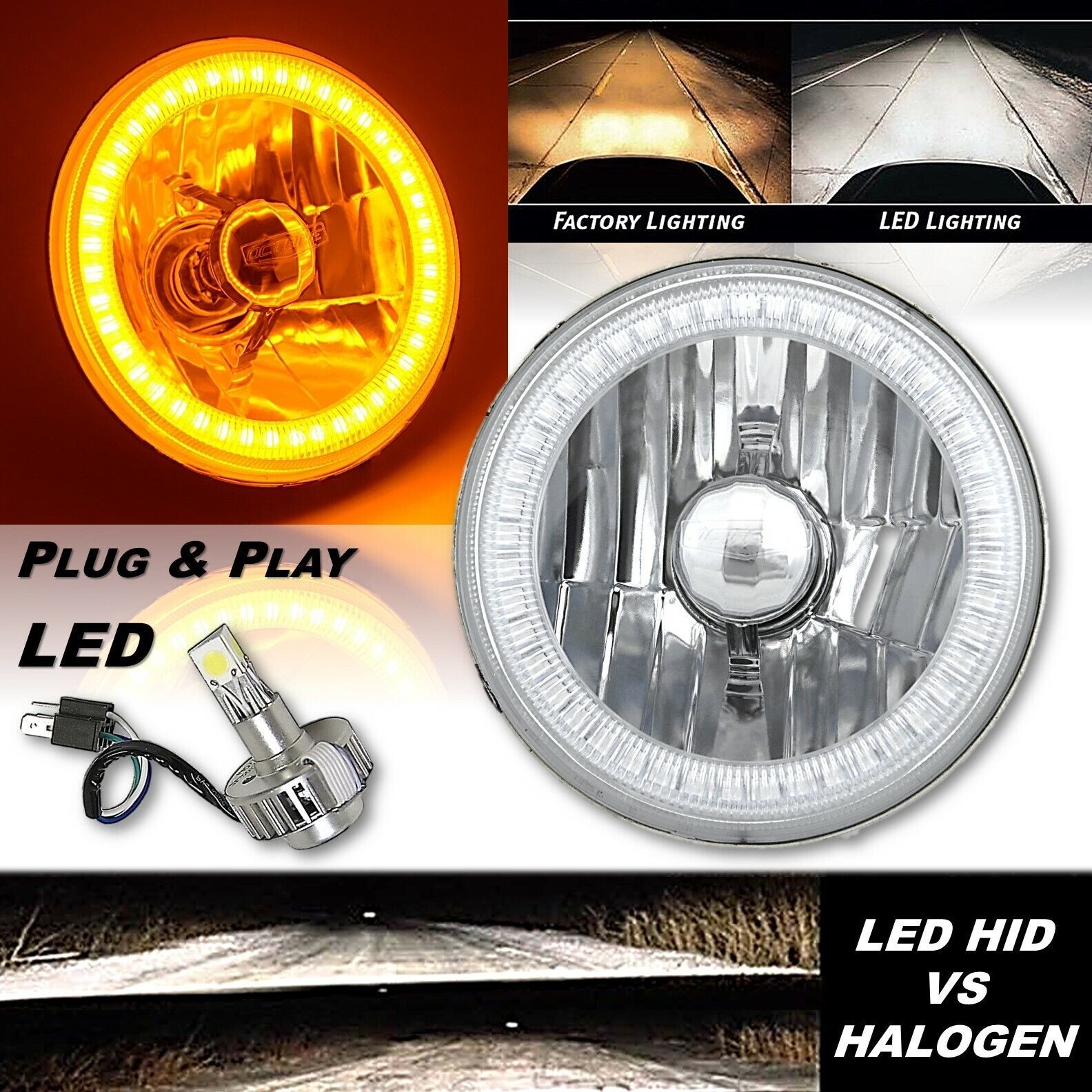Primary image for 5-3/4" H5006 H5001 Crystal SMD Amber Halo H4 Headlight w/ 18/24w LED Bulb EACH