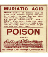 1 Vintage Pharmacy Label MURIATIC ACID POISON College Pharmacy Worcester... - $985.44 MXN