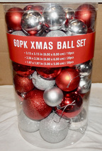 Christmas Ball Set 60pk 1.97 to 3.15 Size Red Silver &amp; Glitter Shatterproof 213H - £10.01 GBP
