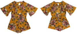New Boutique Open Back Floral Romper Mustard Yellow Short Flare Sleeve Keyhole S - £14.15 GBP