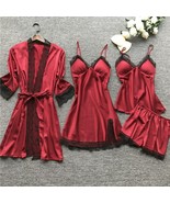 Women Pajamas Sets Satin Sleepwear Silk 4 Pieces Nightwear Pyjama Comple... - $44.22